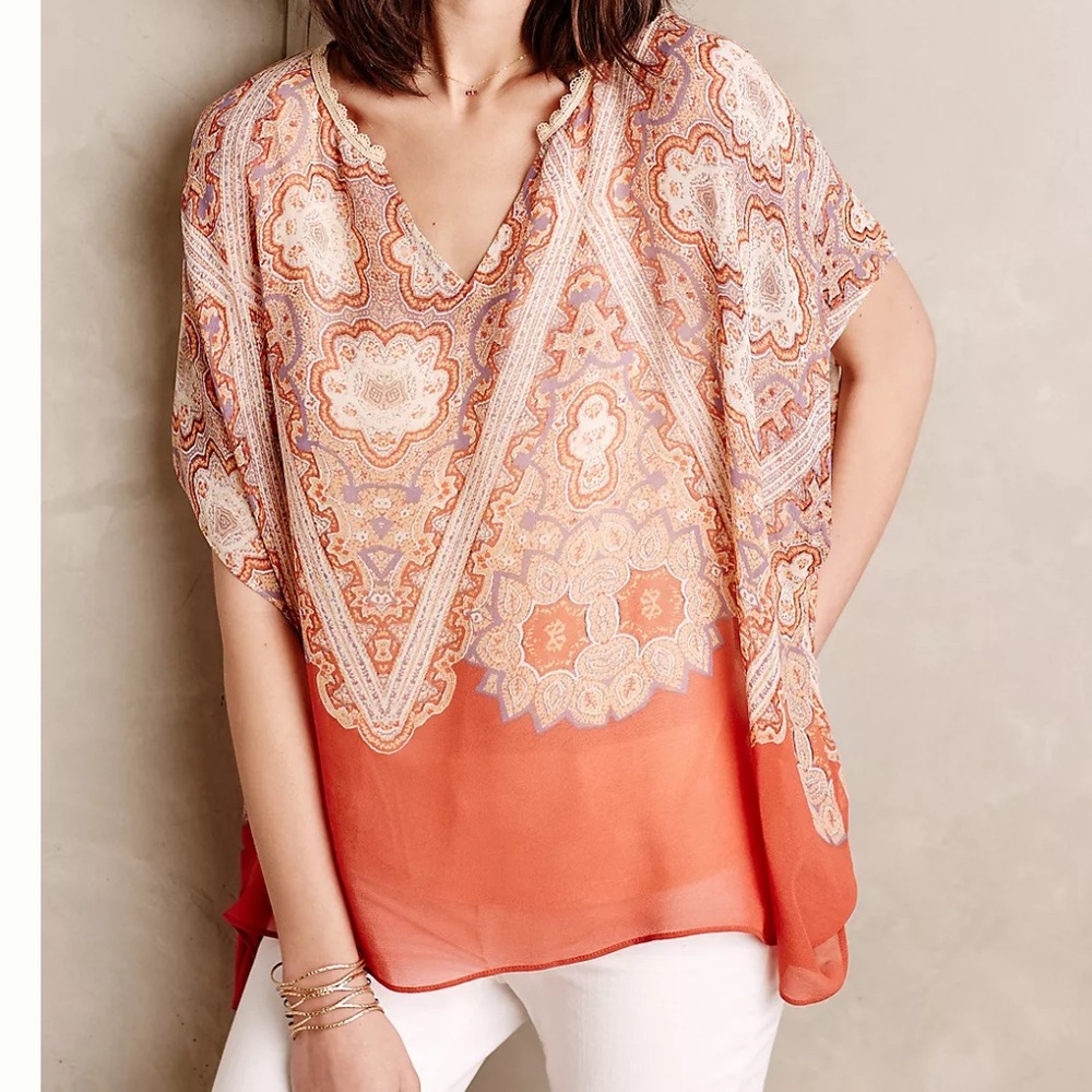 ANTHRO ✨ MAEVE Nalina silk peasant flowing top boho semi sheer shirt | Sz M L